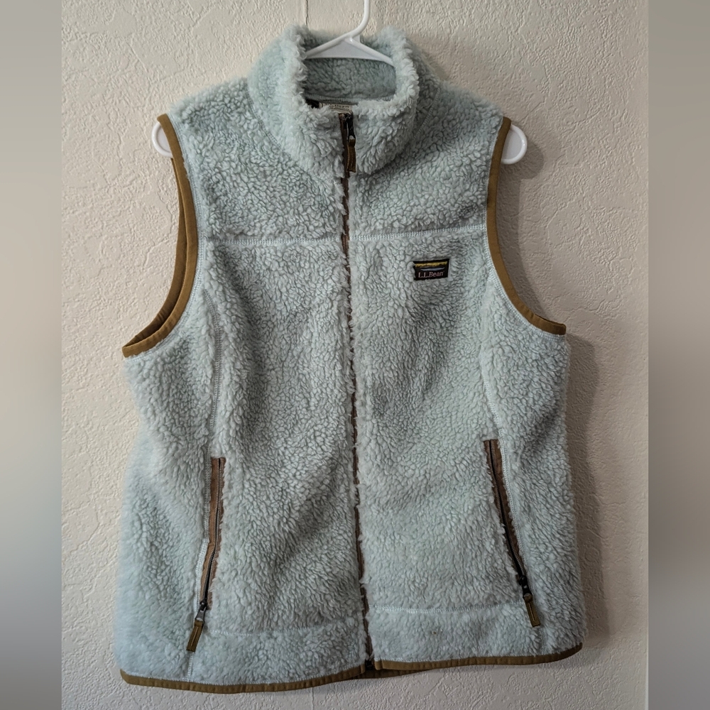 L.L. Bean Light Blue Sherpa Vest with Tan Trim